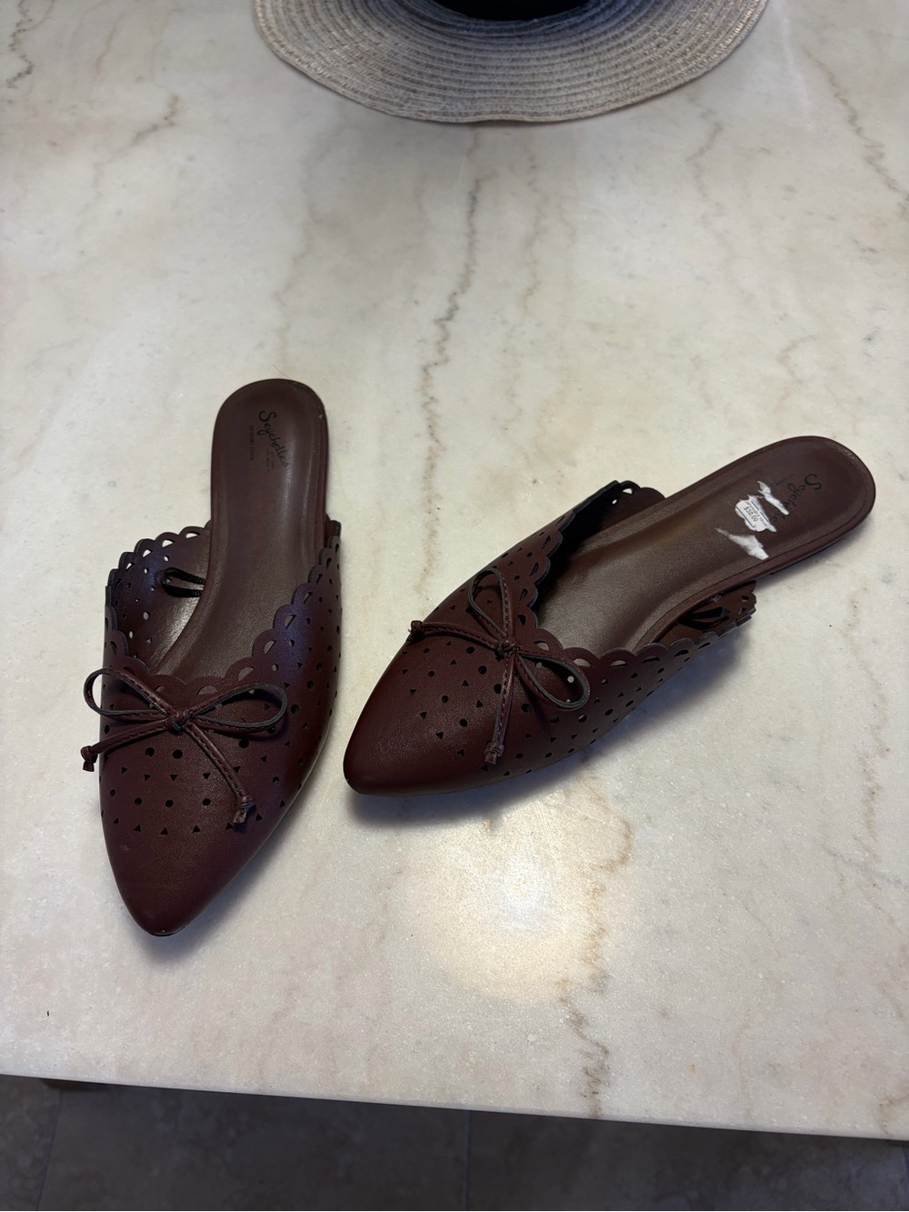 Seychelles Women's Pointed-Toe Brown Perforated Slip-On Flats with Bow